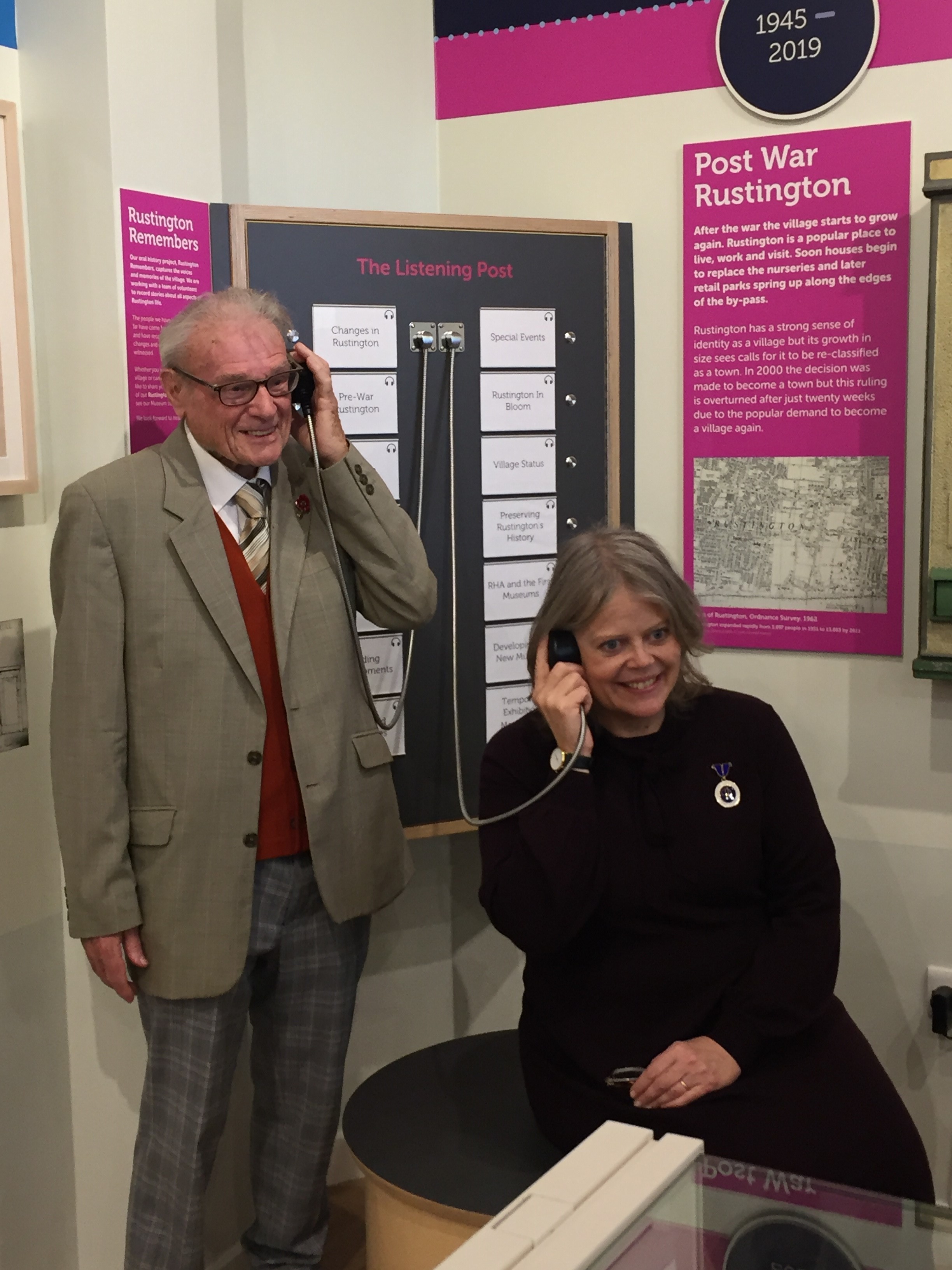Harry Clark and Lady Emma Barnard Deputy Lieutenant try out the new Oral History station